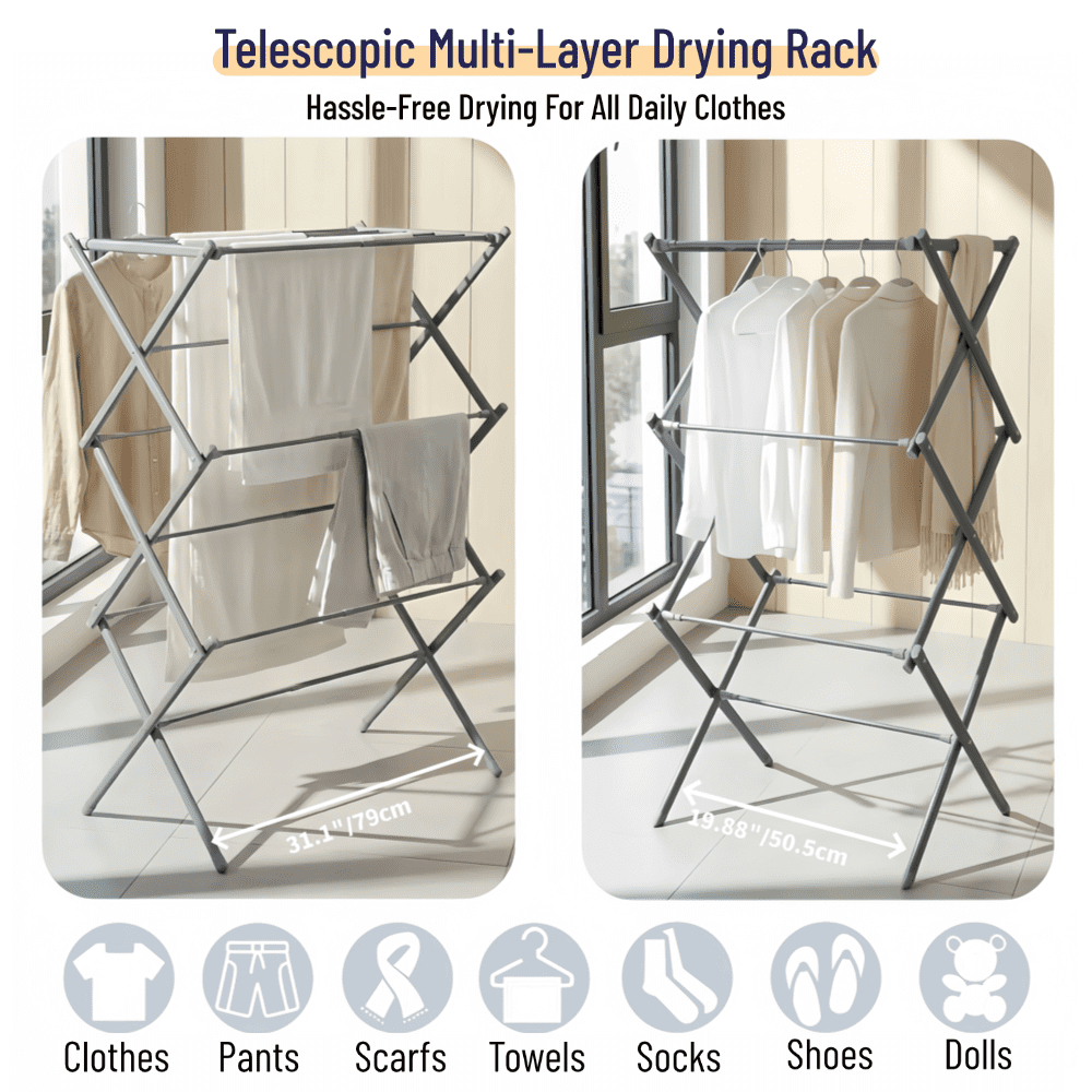 Telescopic Folding Drying Rack for Indoor Air Drying, Expands 19.88 to 31.1 In Wide - Image 6