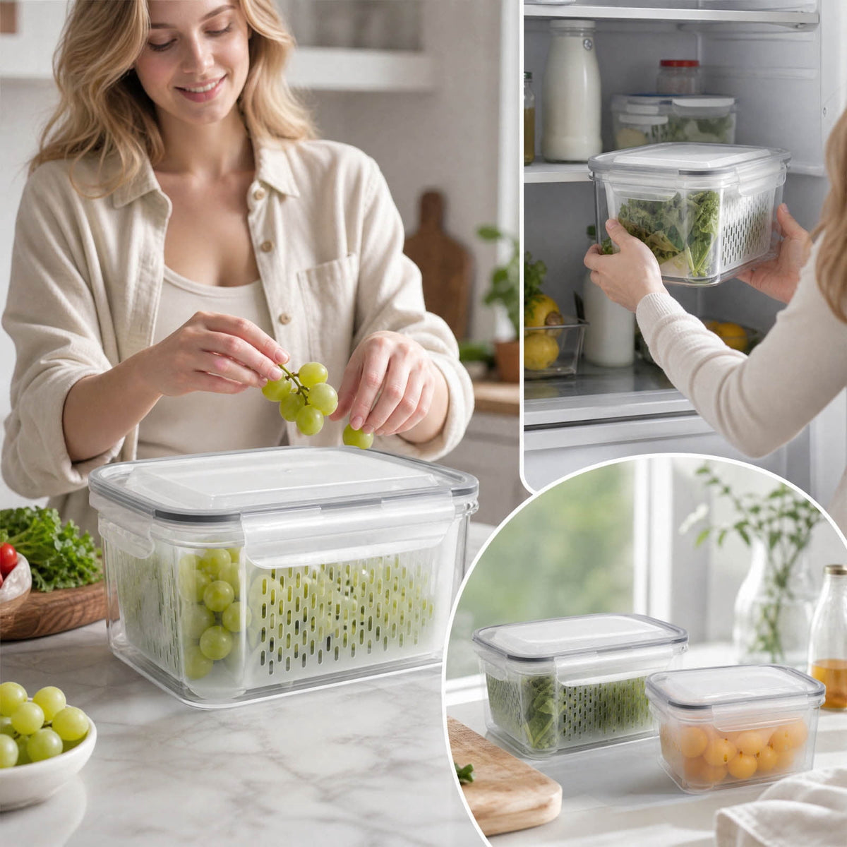 Produce Saver Containers, Set of 3 Airtight Fridge Keepers with Removable Drain Trays - Image 5