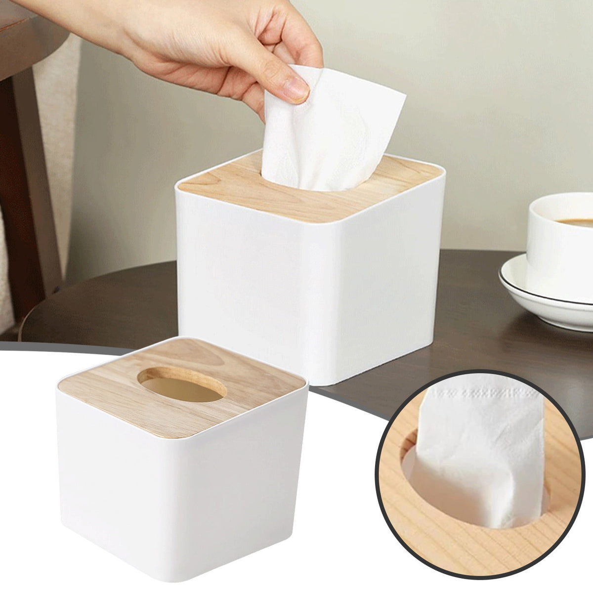 Square Tissue Box Cover with Bamboo Top, Cube Tissue Holder for Bathroom or Vanity - Image 2