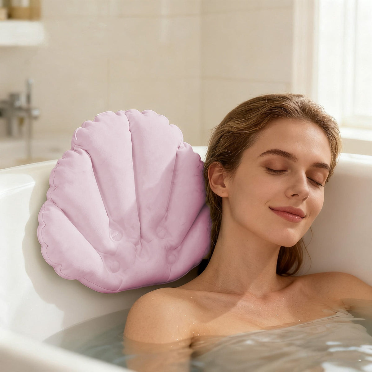 Inflatable Shell Bath Pillows, Pack of 2, Neck and Head Rest with Suction Cups, Pink - Image 6