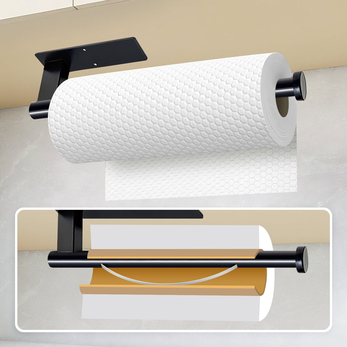 Under-Cabinet Paper Towel Holder, One-Hand Tear Stainless Steel Rack, Adhesive or Screw Mount, Black - Image 6