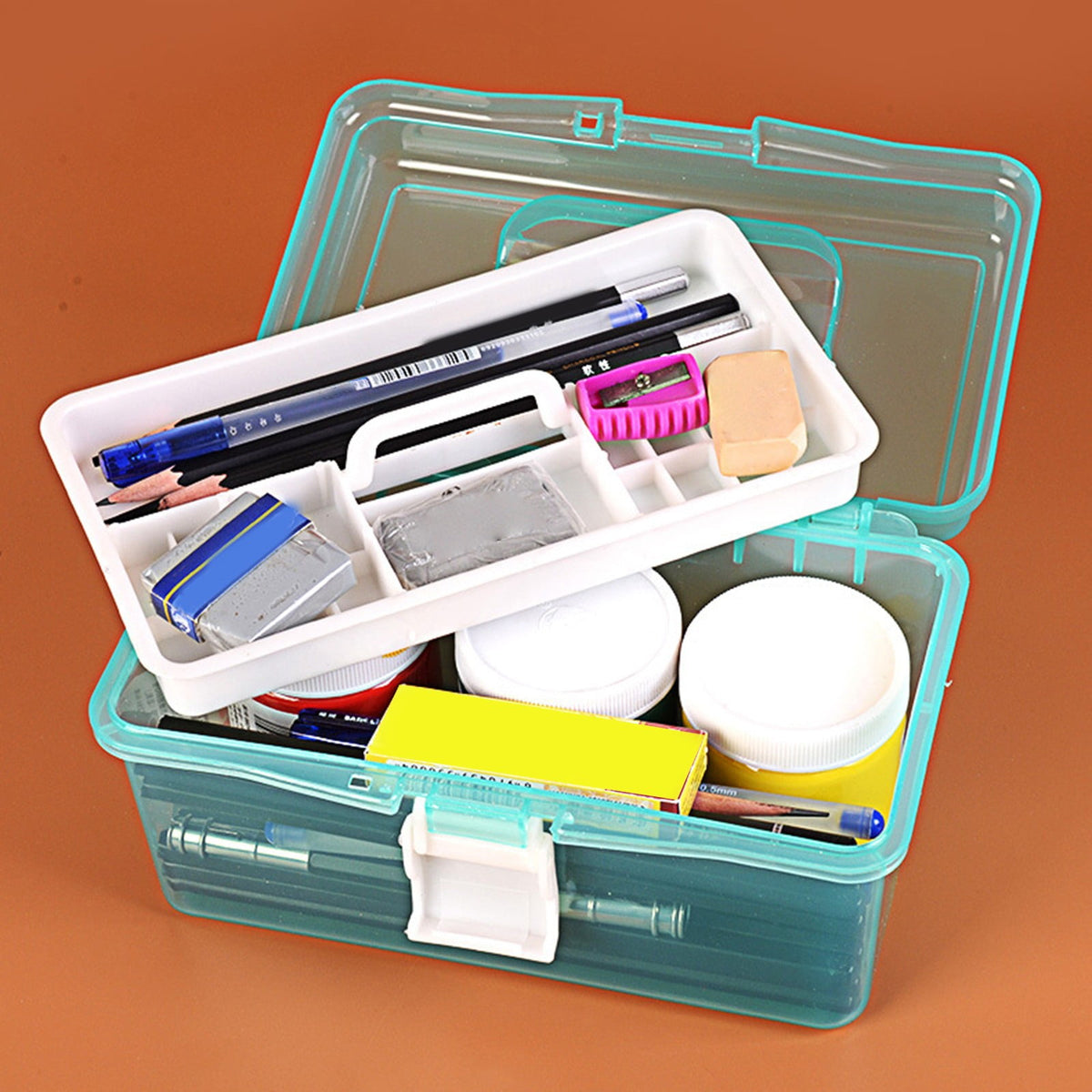 Clear Craft Supply Case with Removable Four-Section Tray, Latch and Carry Handle - Image 5