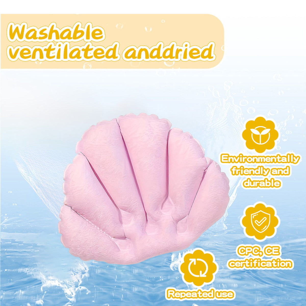 Inflatable Shell Bath Pillows, Pack of 2, Neck and Head Rest with Suction Cups, Pink - Image 5