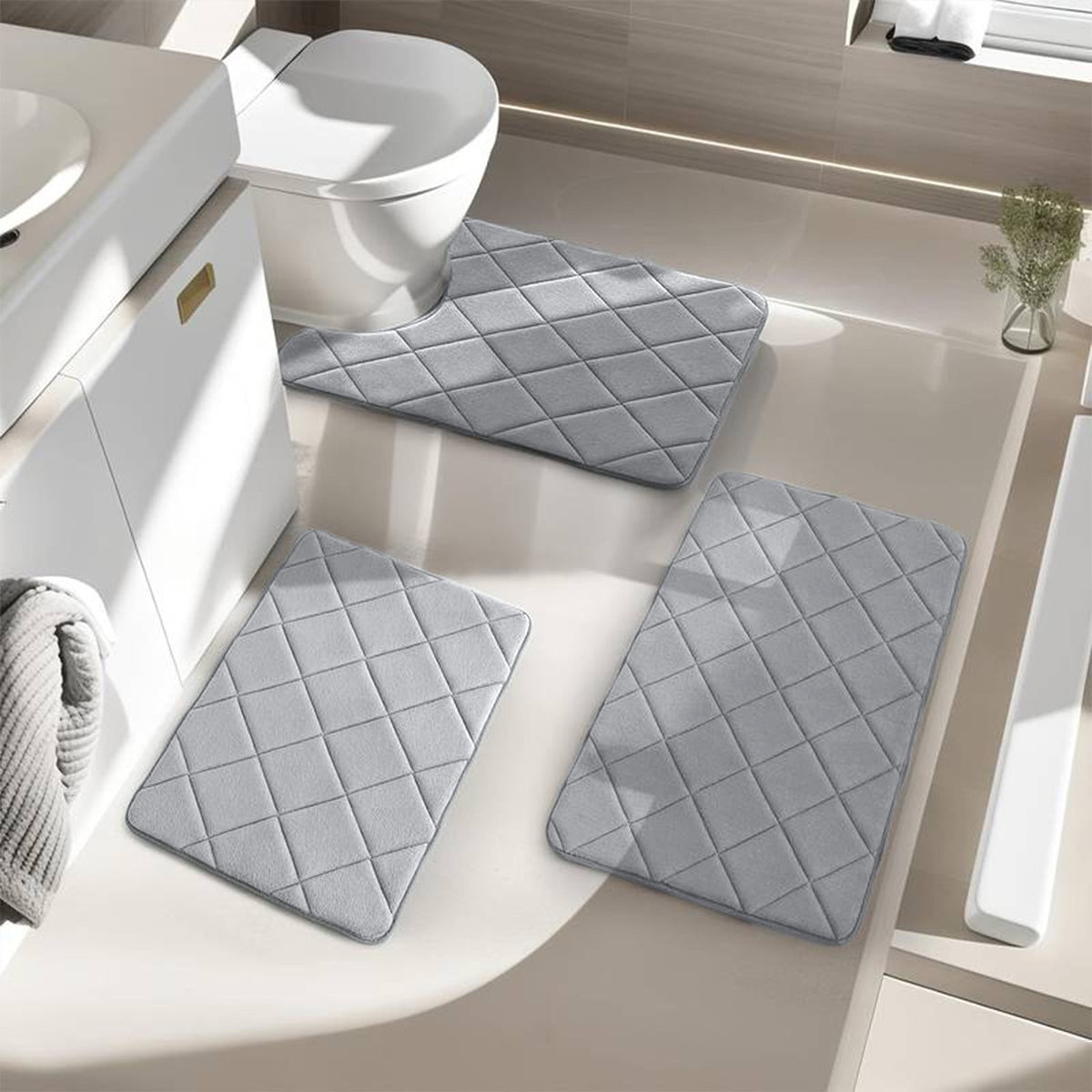 Bathroom Rug Set, 3 Piece Soft Foam Bath Mats with Non-Slip Backing, Gray - Image 3
