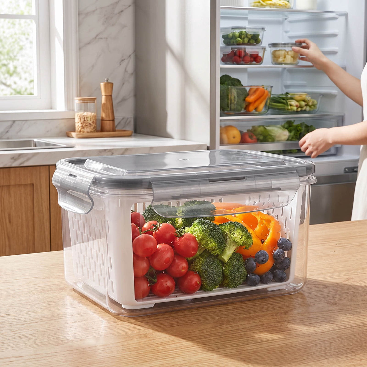 Produce Saver Containers, Set of 3 Airtight Fridge Keepers with Removable Drain Trays - Image 4