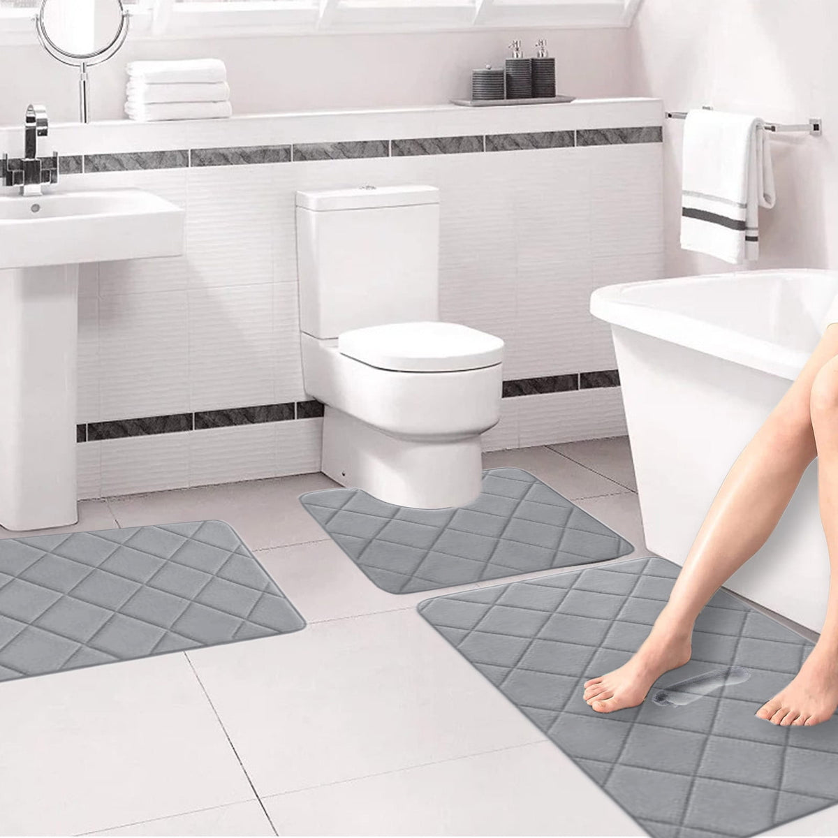 Bathroom Rug Set, 3 Piece Soft Foam Bath Mats with Non-Slip Backing, Gray - Image 5