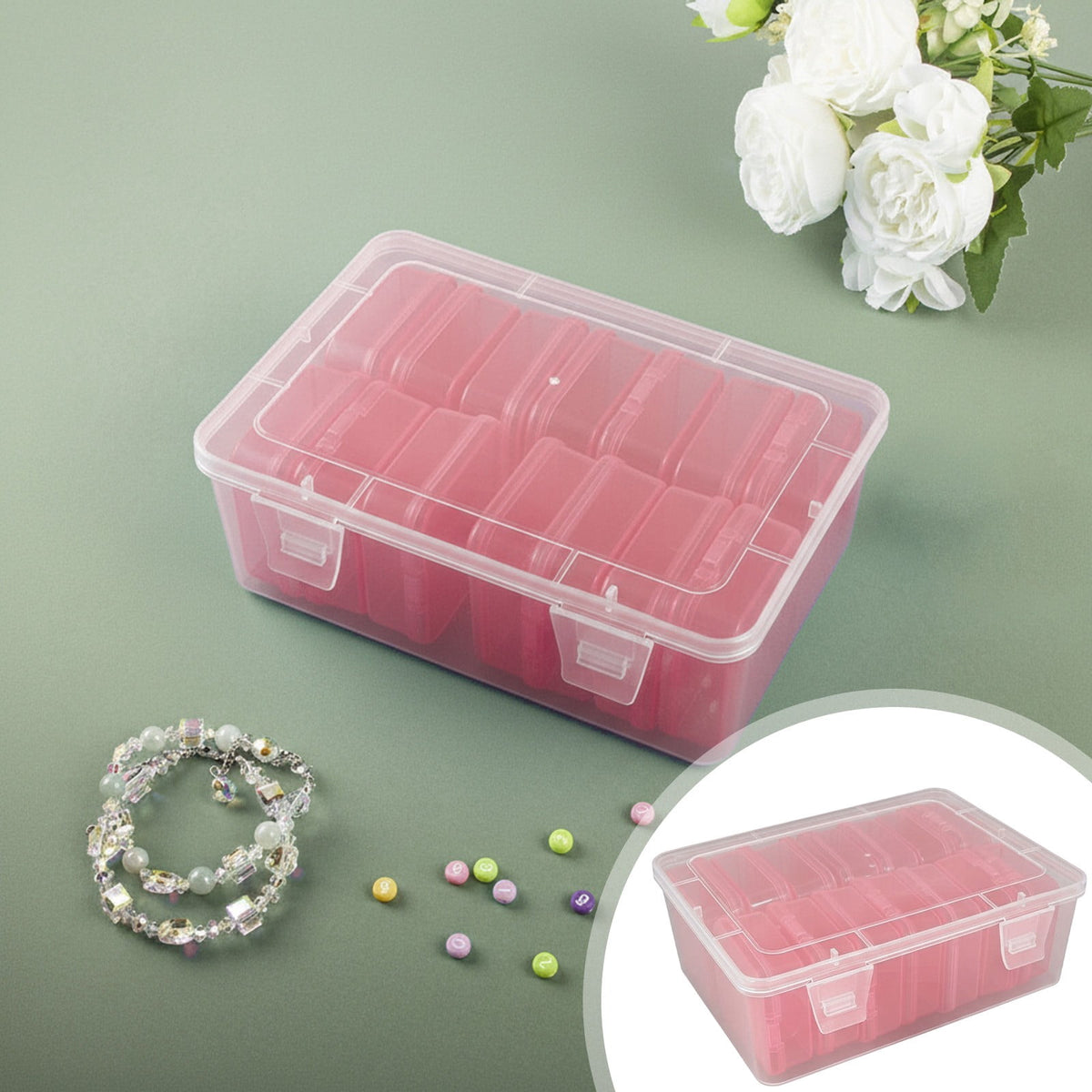 Bead Organizer Case with 14 Removable Hinged Boxes, Clear Plastic Craft Storage, Pink - Image 2