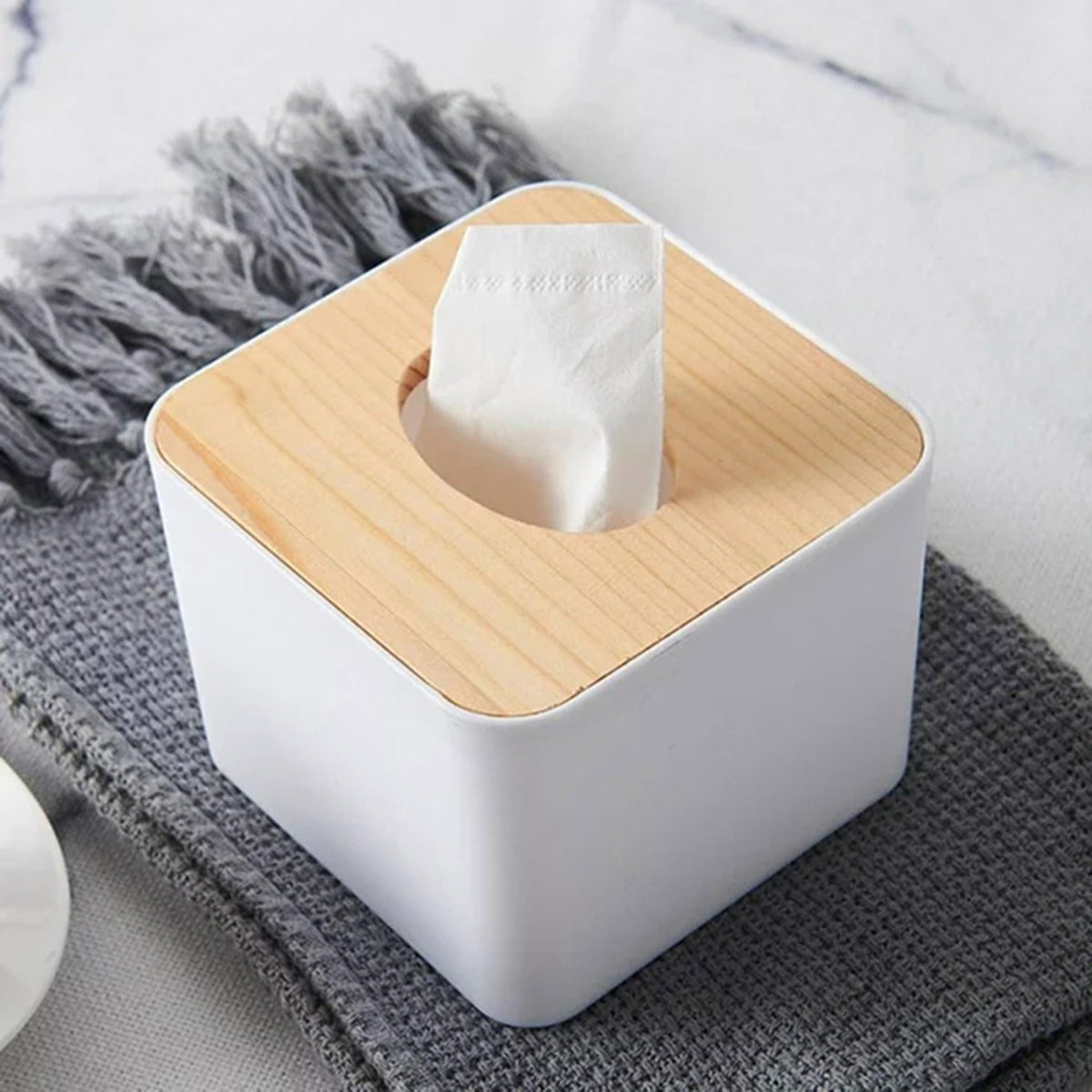 Square Tissue Box Cover with Bamboo Top, Cube Tissue Holder for Bathroom or Vanity - Image 5