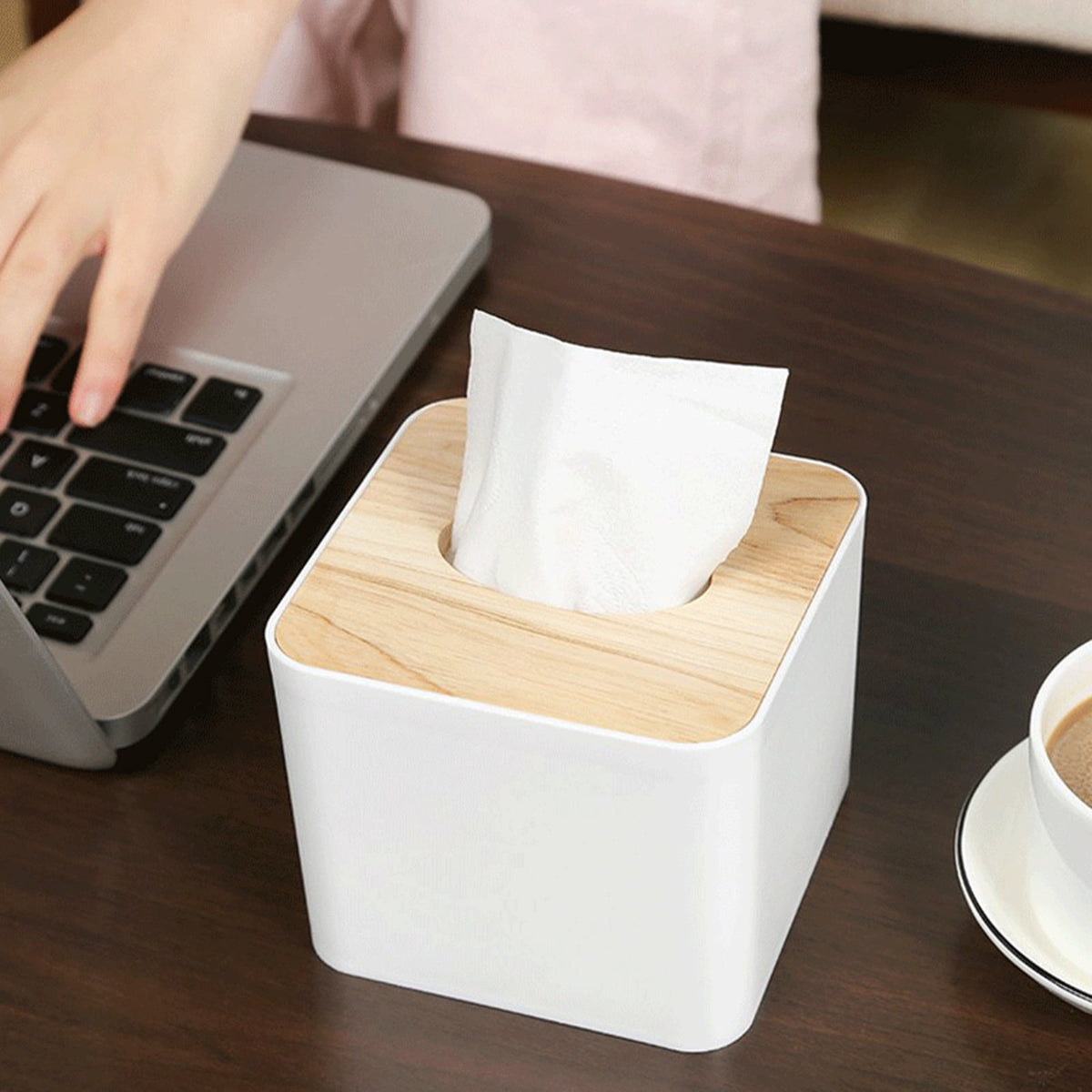 Square Tissue Box Cover with Bamboo Top, Cube Tissue Holder for Bathroom or Vanity - Image 6