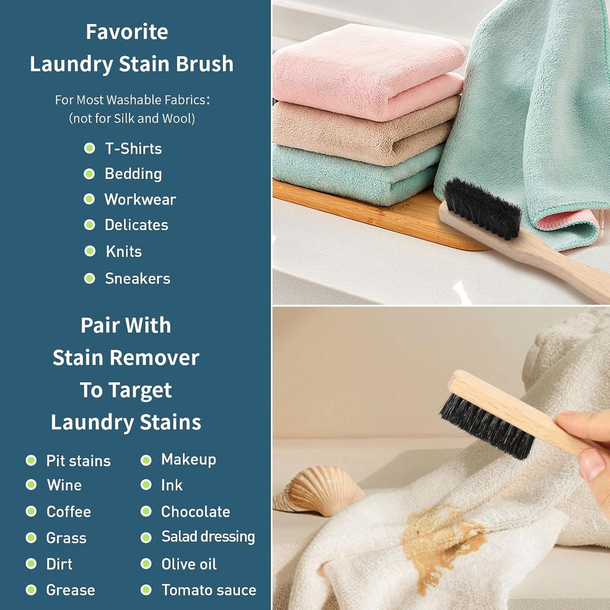 Laundry Stain Brush Set of 2, Natural Bristle Scrub Brush with Beech Wood Handle - Image 4