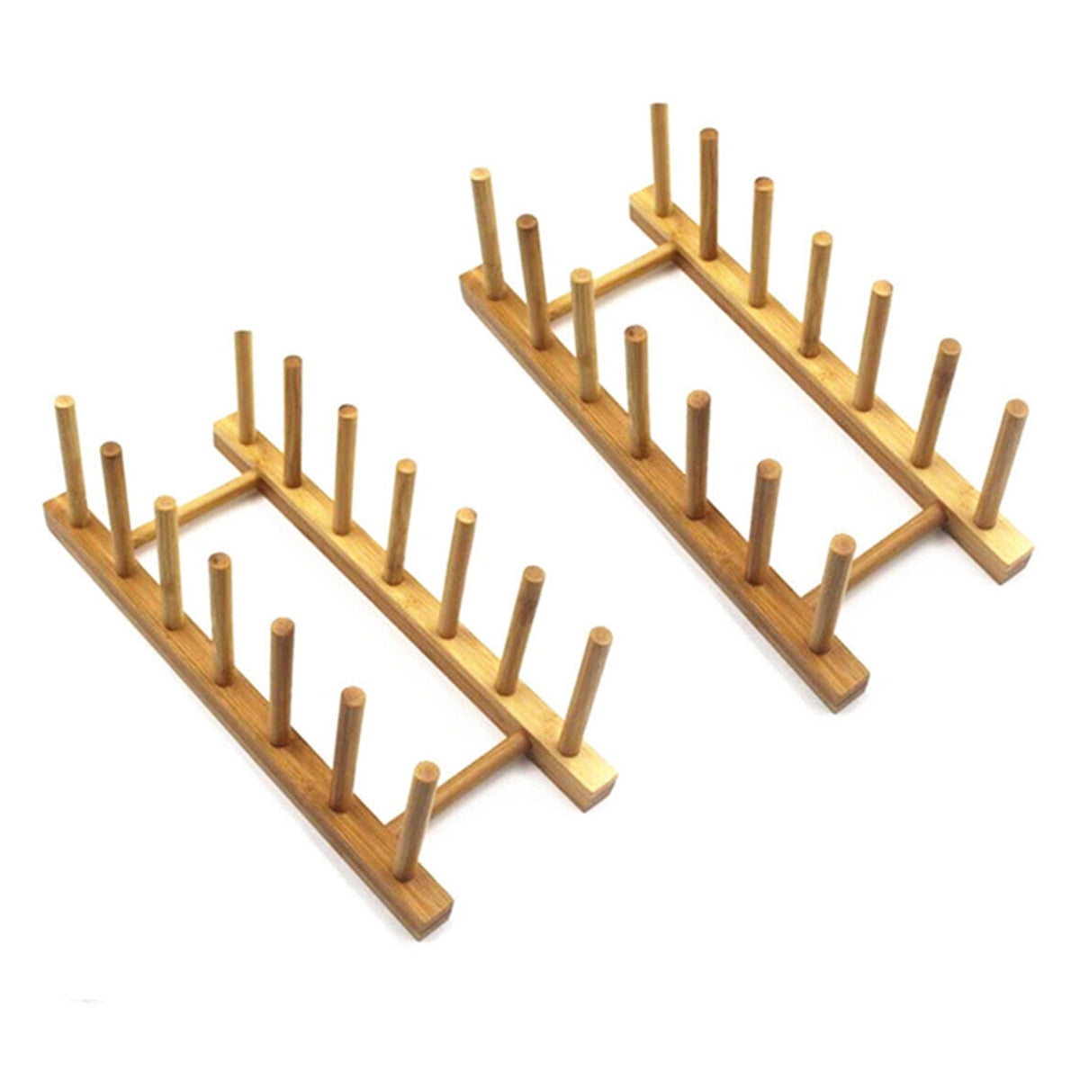 Bamboo Plate Rack, Set of 2, Six-Slot Dish Stand and Pot Lid Holder