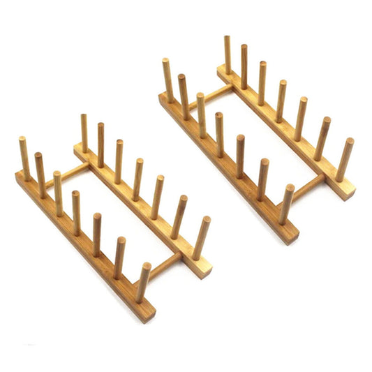 Bamboo Plate Rack, Set of 2, Six-Slot Dish Stand and Pot Lid Holder