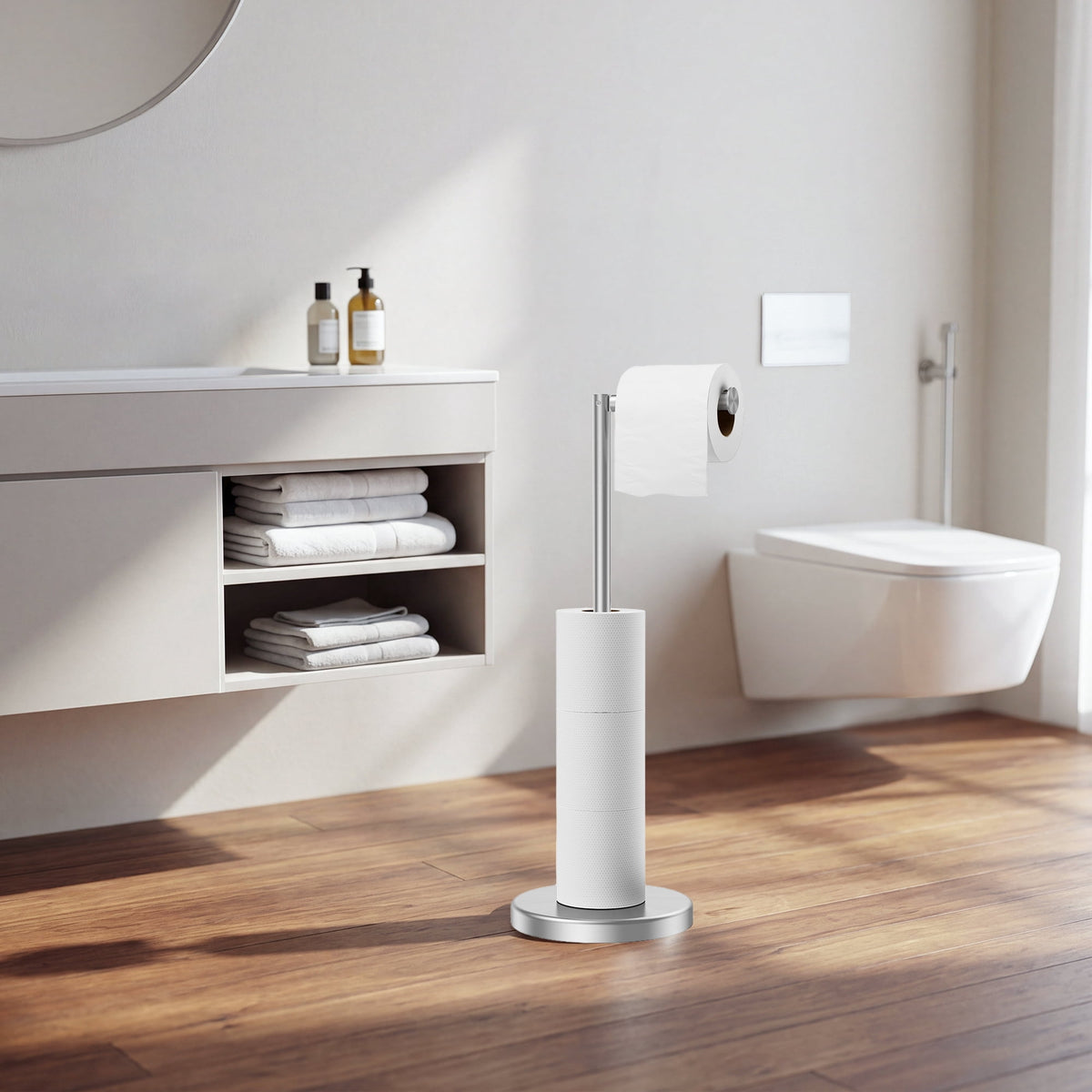 Freestanding Toilet Paper Stand with Storage for 4 Rolls, Stainless Steel, Brushed Nickel - Image 5