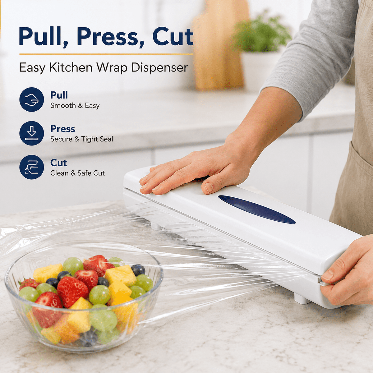 Plastic Wrap Cutter and Dispenser, Press-to-Cut Organizer for Cling Film, Foil and Parchment - Image 5