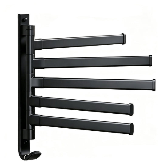 Swivel Towel Bar with 5 Arms, 180 Degree Wall Mounted Towel Holder in Black Aluminum