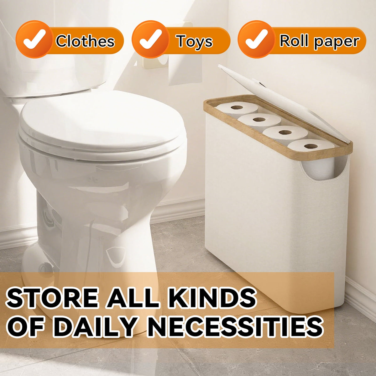 Collapsible Toilet Roll Storage Basket with Lid and Handle, Holds 9 to 12 Rolls - Image 3
