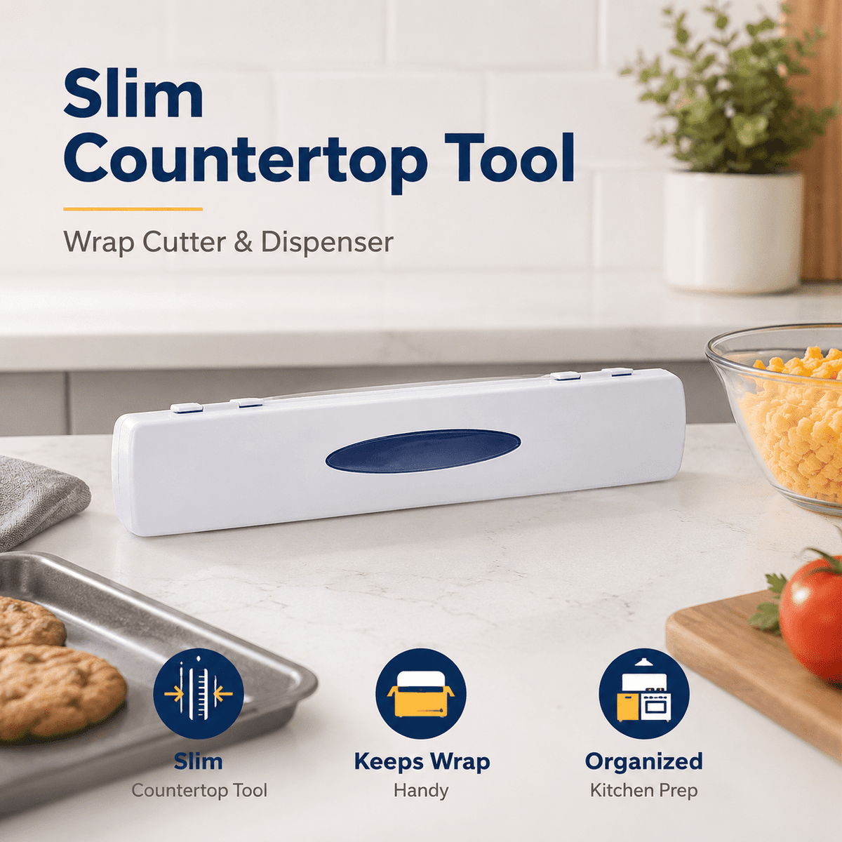 Plastic Wrap Cutter and Dispenser, Press-to-Cut Organizer for Cling Film, Foil and Parchment - Image 3