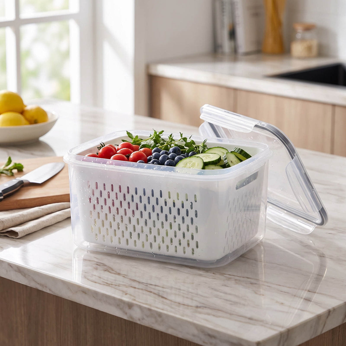 Produce Saver Containers, Set of 3 Airtight Fridge Keepers with Removable Drain Trays - Image 3