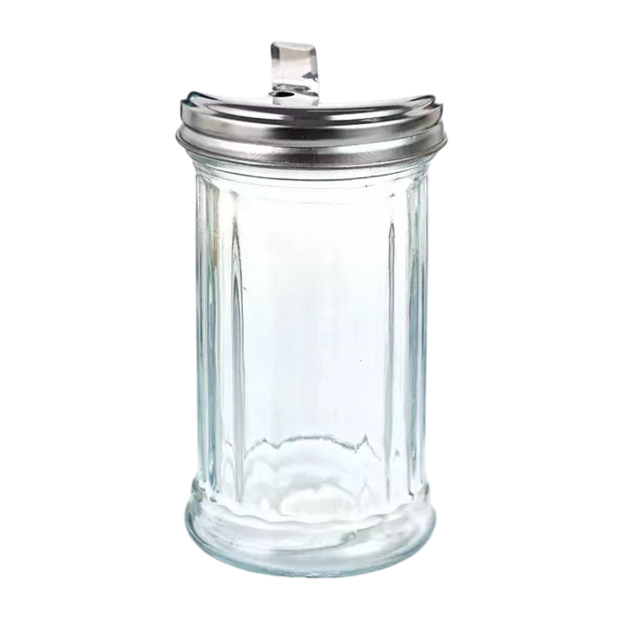 Glass Sugar Pourer with Stainless Steel Lid, 12 Ounce Dispenser with Pour Spout