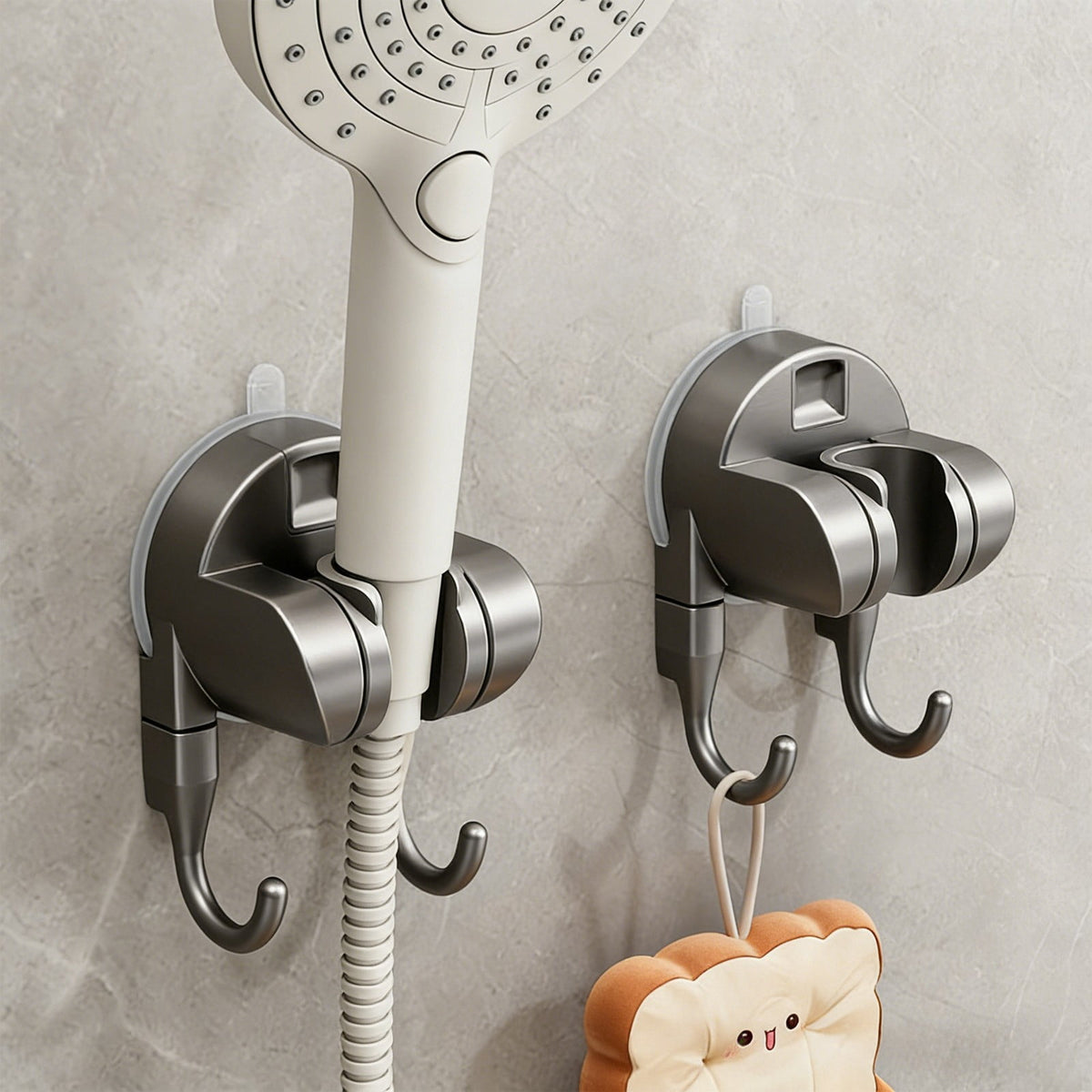 Suction Shower Head Holder with Double Hook, No-Drill Adjustable Wall Bracket, Black - Image 2