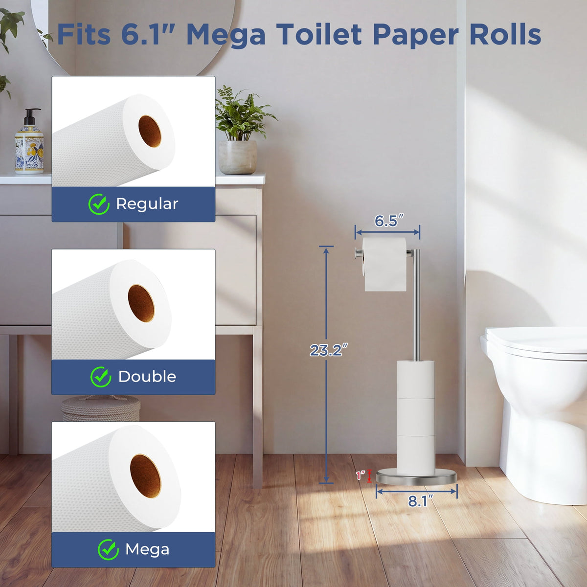 Freestanding Toilet Paper Stand with Storage for 4 Rolls, Stainless Steel, Brushed Nickel - Image 4