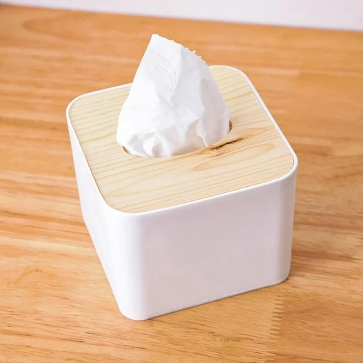 Square Tissue Box Cover with Bamboo Top, Cube Tissue Holder for Bathroom or Vanity - Image 4