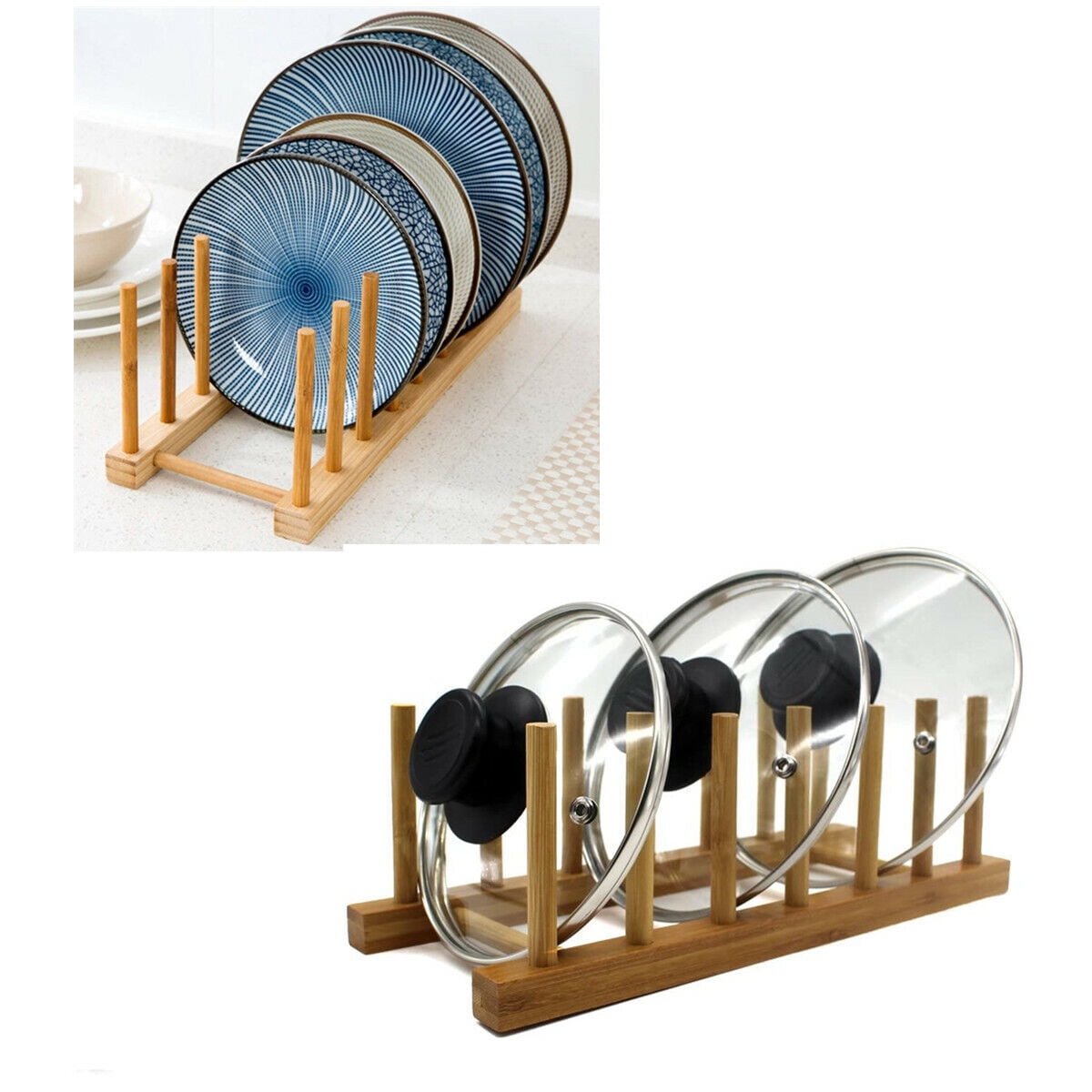 Bamboo Plate Rack, Set of 2, Six-Slot Dish Stand and Pot Lid Holder - Image 2