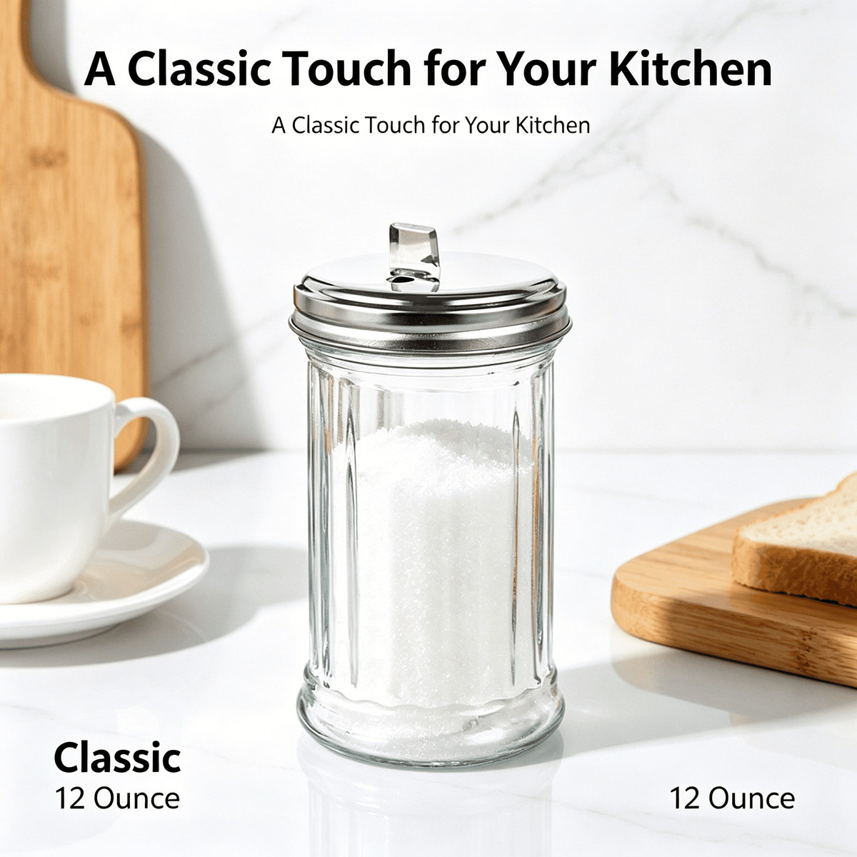 Glass Sugar Pourer with Stainless Steel Lid, 12 Ounce Dispenser with Pour Spout - Image 2