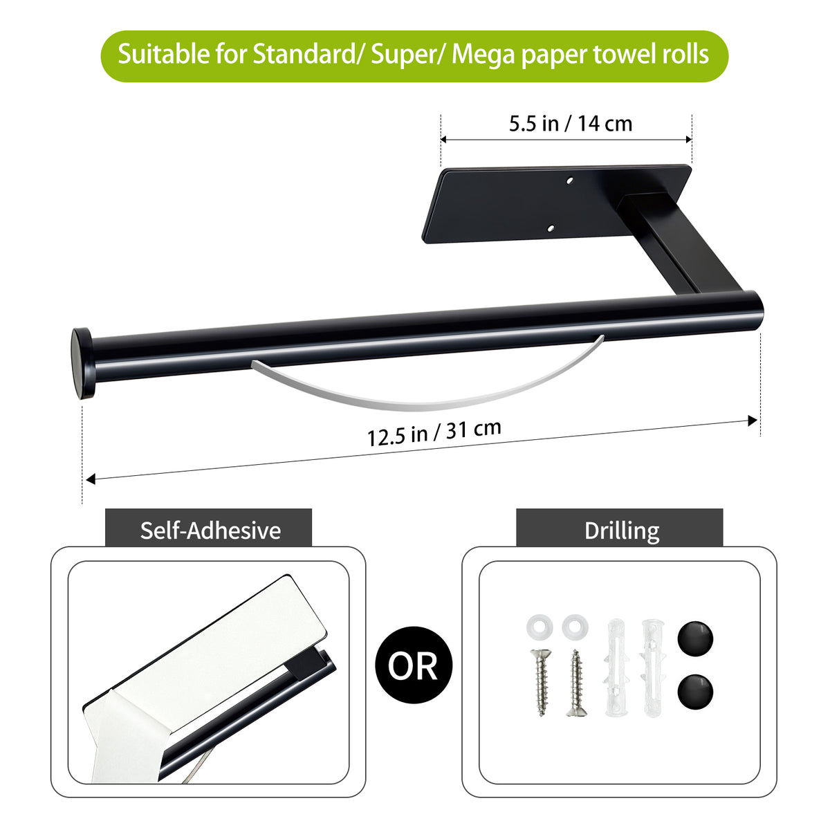 Under-Cabinet Paper Towel Holder, One-Hand Tear Stainless Steel Rack, Adhesive or Screw Mount, Black - Image 4