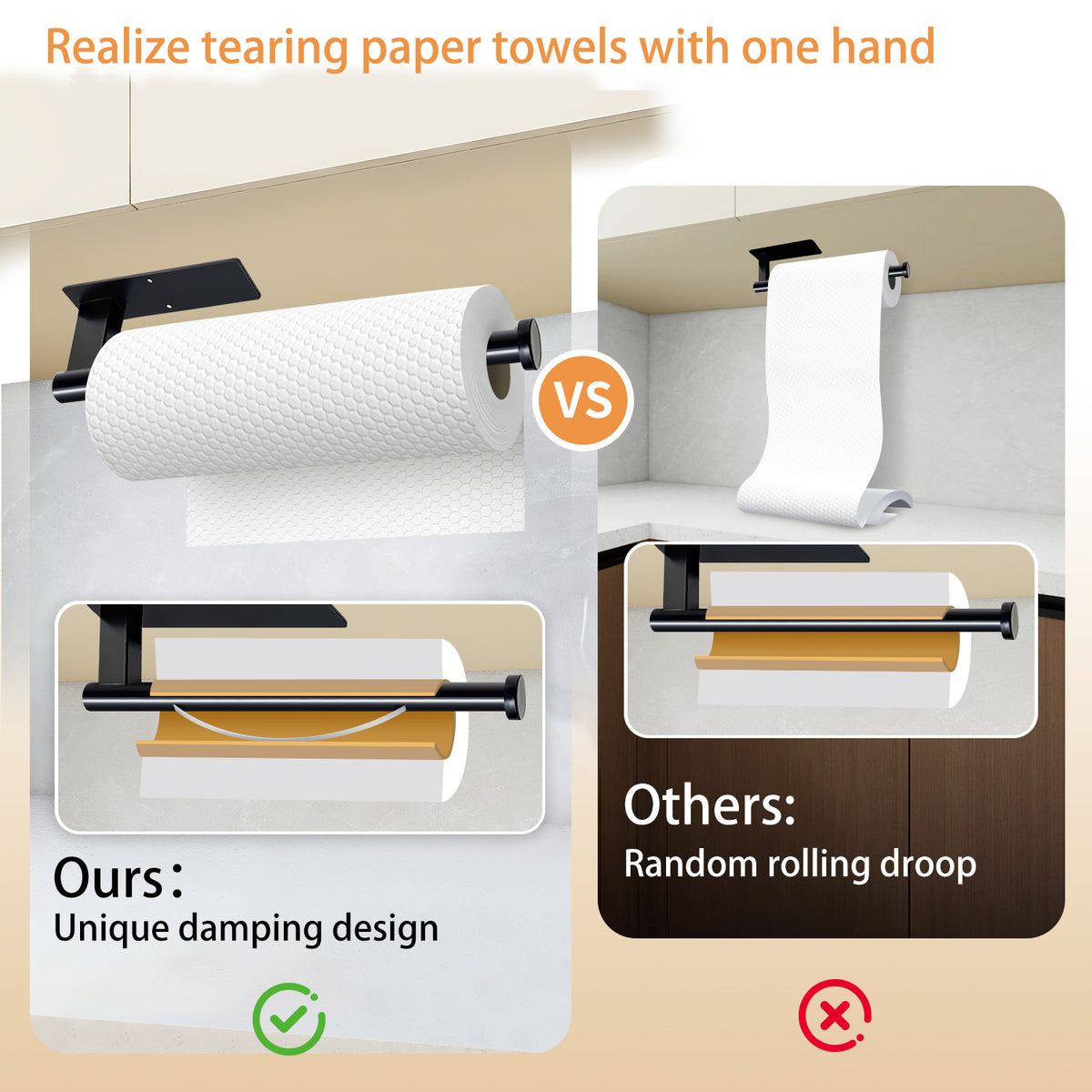 Under-Cabinet Paper Towel Holder, One-Hand Tear Stainless Steel Rack, Adhesive or Screw Mount, Black - Image 5
