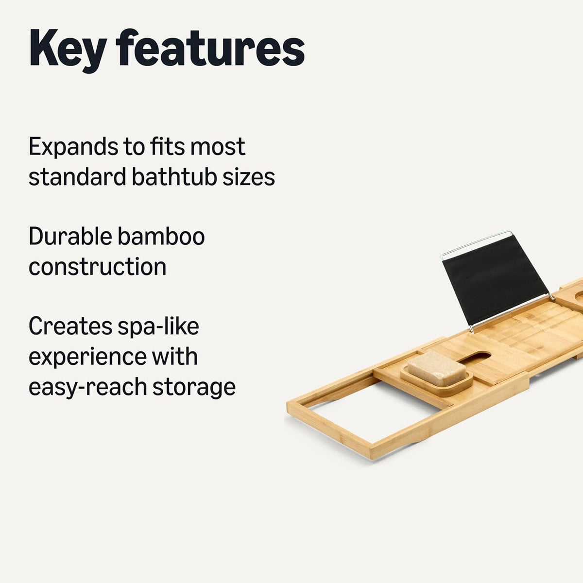 Bamboo Bath Tray Caddy, Expands 29.5 to 43 In to Span Most Bathtubs - Image 2