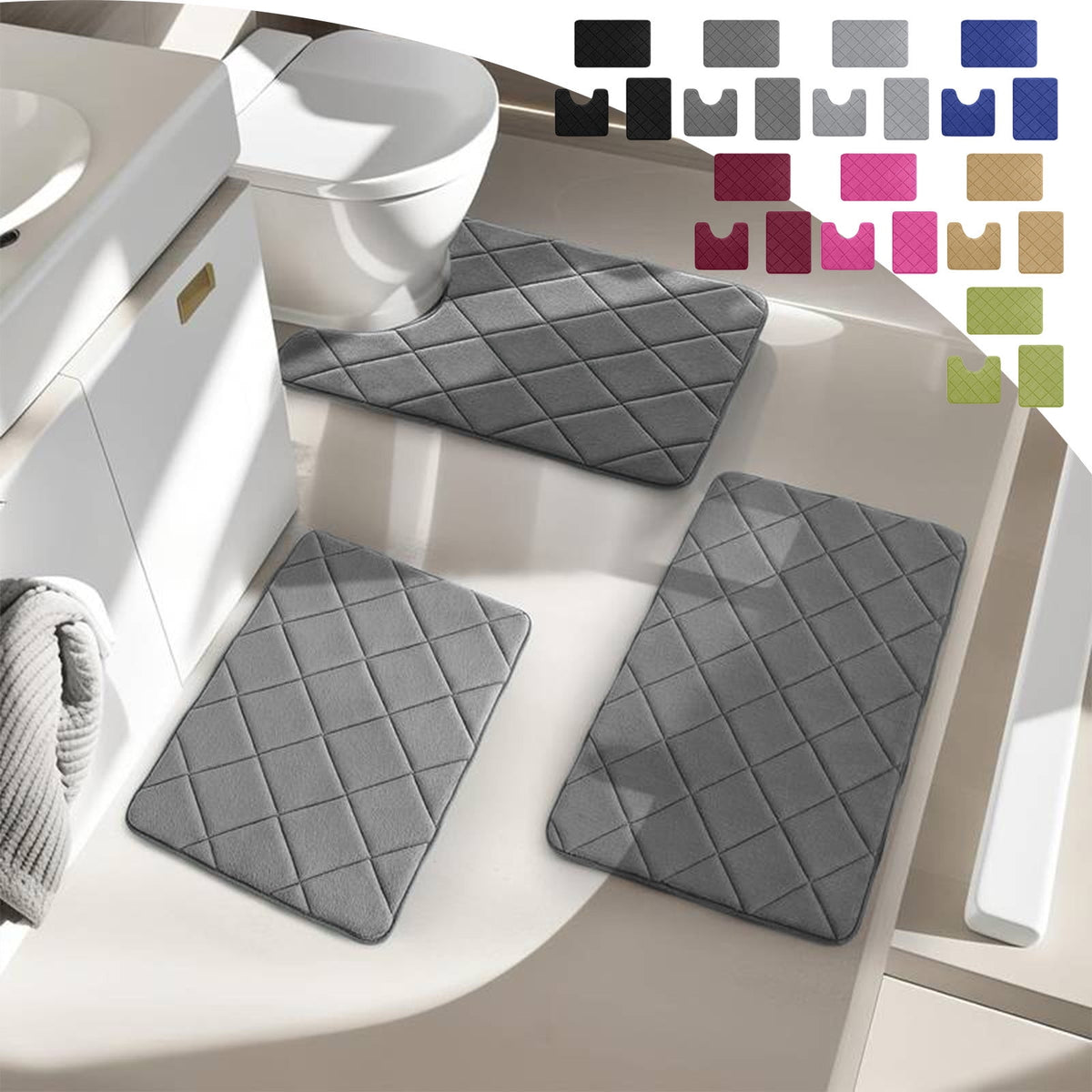 Bathroom Rug Set, 3 Piece Soft Foam Bath Mats with Non-Slip Backing, Gray - Image 2