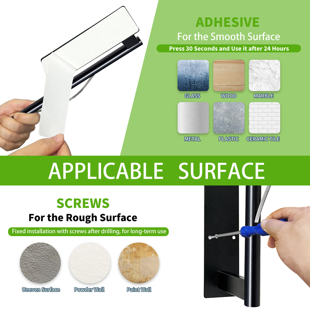 Under-Cabinet Paper Towel Holder, One-Hand Tear Stainless Steel Rack, Adhesive or Screw Mount, Black - Image 3