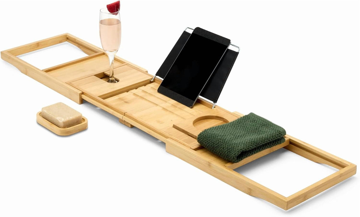 Bamboo Bath Tray Caddy, Expands 29.5 to 43 In to Span Most Bathtubs