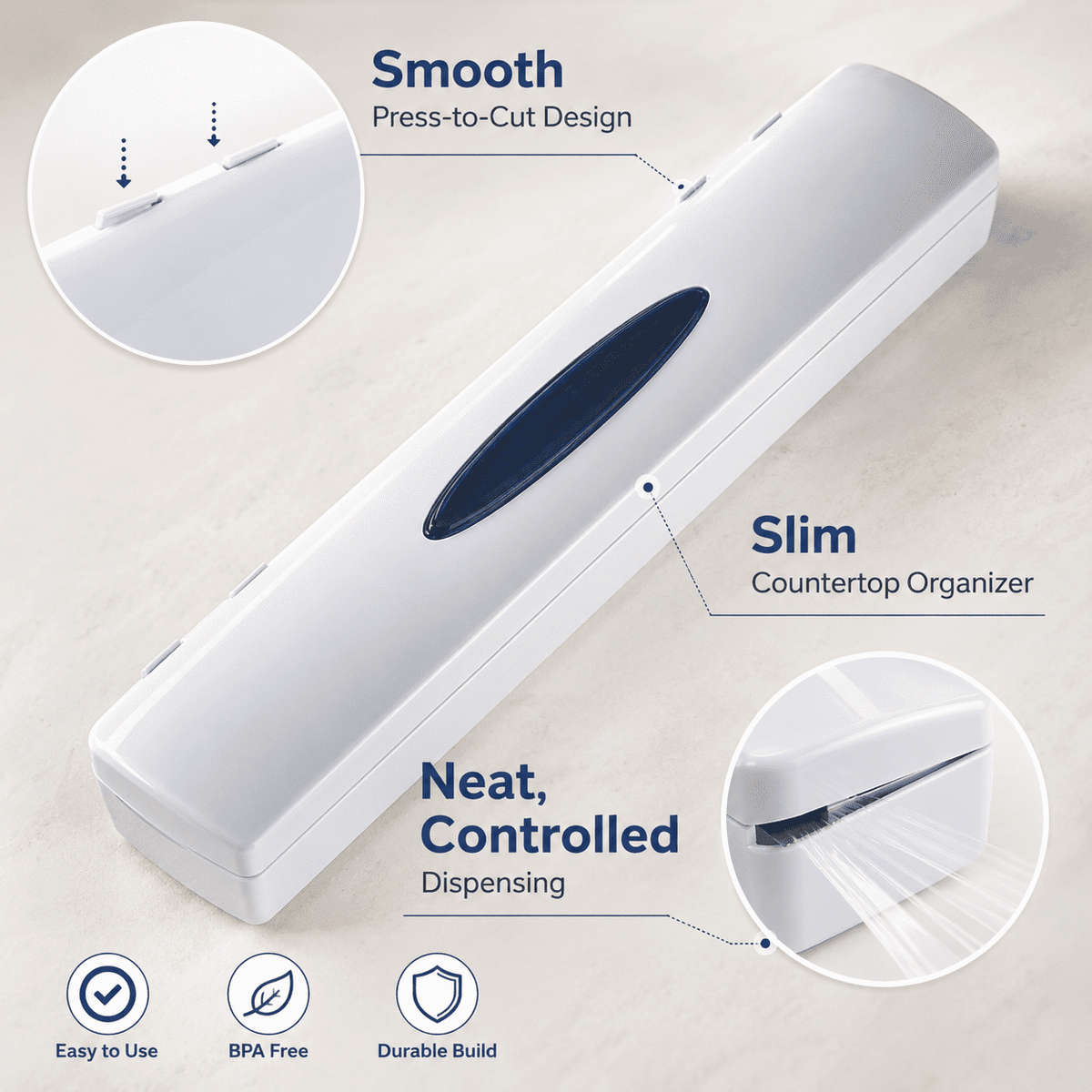 Plastic Wrap Cutter and Dispenser, Press-to-Cut Organizer for Cling Film, Foil and Parchment - Image 2