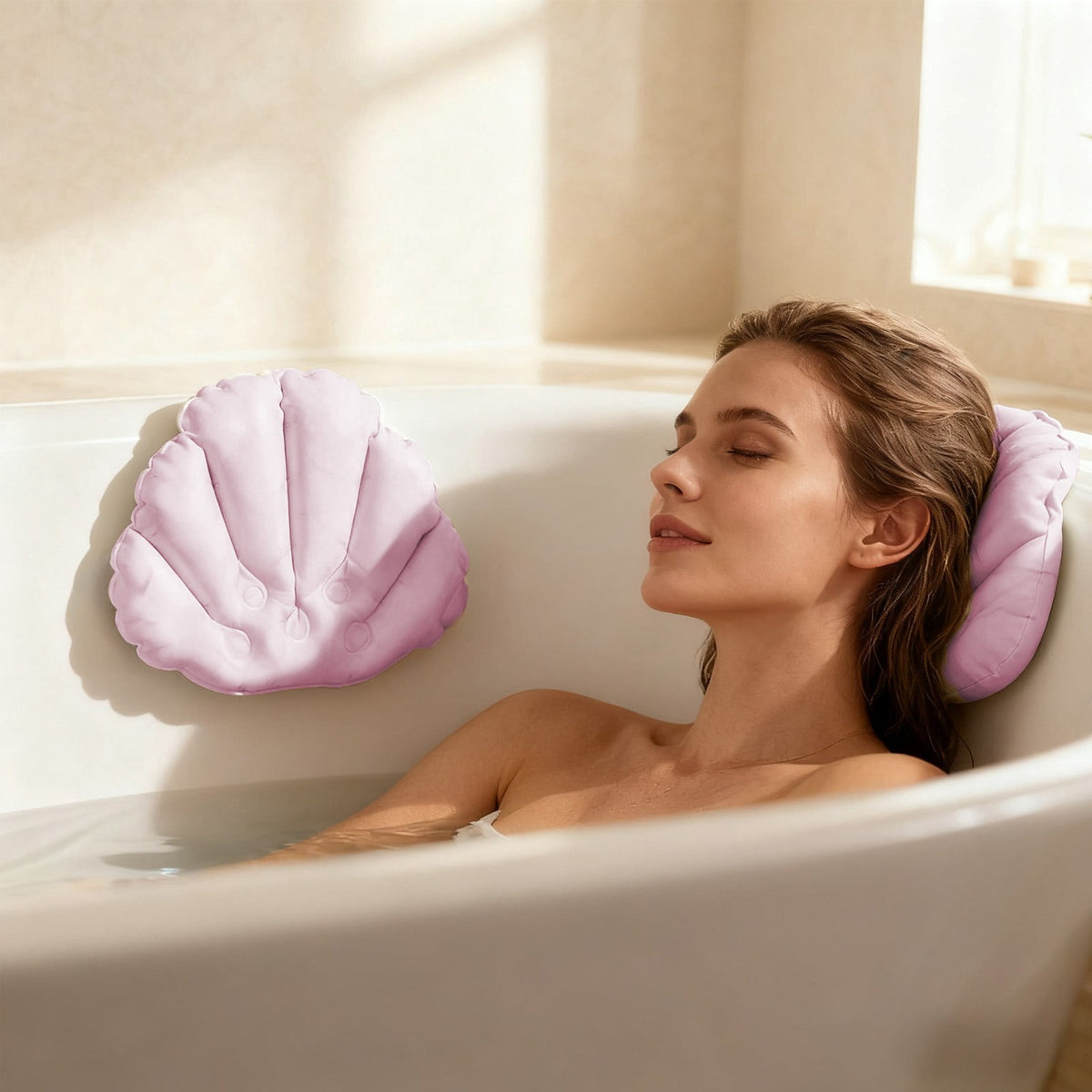 Inflatable Shell Bath Pillows, Pack of 2, Neck and Head Rest with Suction Cups, Pink - Image 3