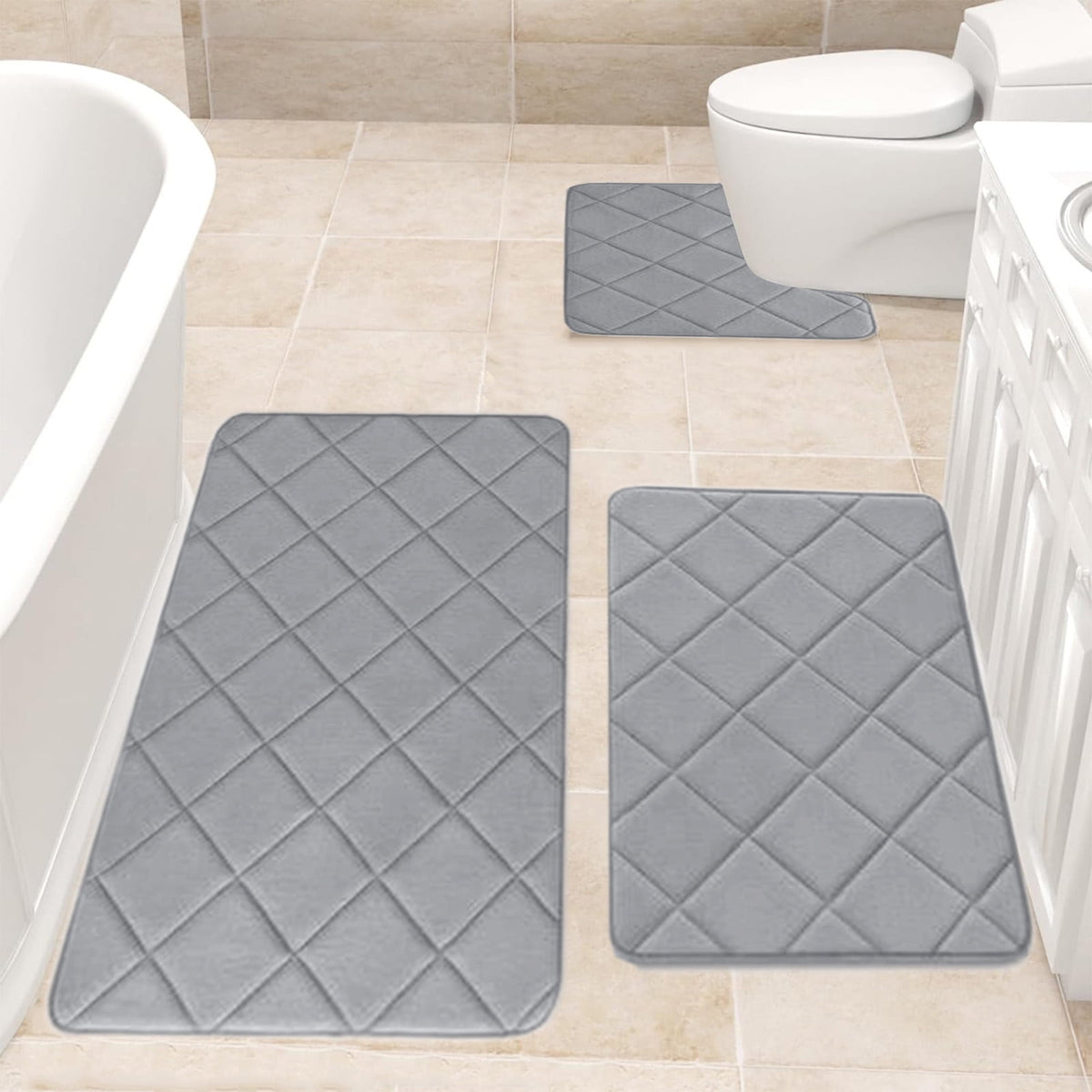 Bathroom Rug Set, 3 Piece Soft Foam Bath Mats with Non-Slip Backing, Gray - Image 6